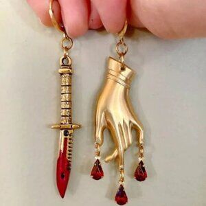 Gothic Golden Hand Shape and Dagger Drop Pierced Earrings - Brand New